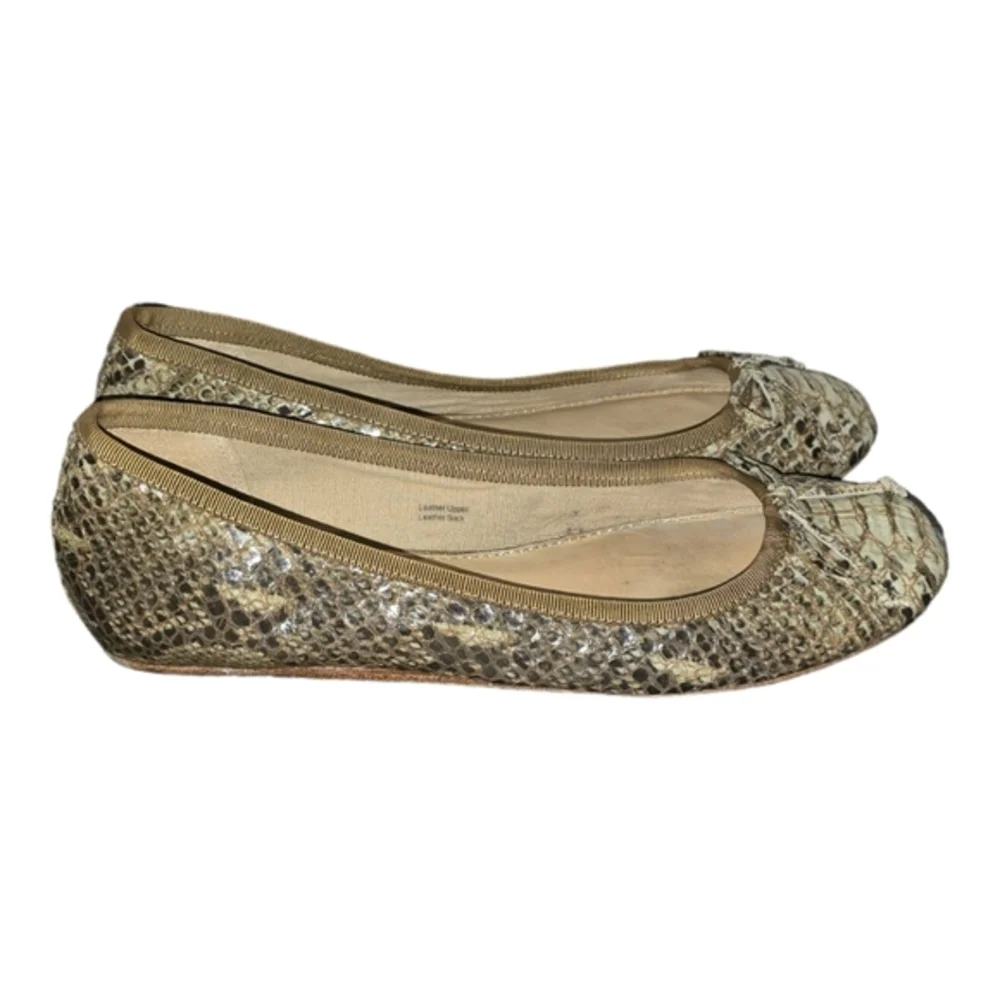10022-Shoe Saks Fifth‎ Avenue Green/Brown Leather Snake Skin Bow Flats Sz 7